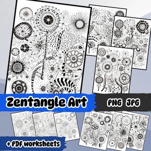 May include: A set of eight black and white Zentangle art prints featuring intricate patterns and designs. The prints are labeled "Zentangle Art" and "PNG JPG" and include a note that they come with PDF worksheets.