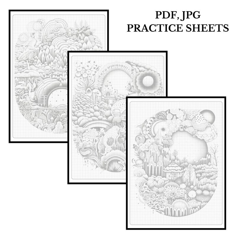 zendoodle fantasy templates, zentangle practice sheets pdf, printable zendoodle coloring pages, mindful drawing art therapy worksheets, zentangle landscape patterns, doodle practice sheets printable, zendoodle art therapy bundle, fantasy zentangle drawing book, printable line art practice pages, zentangle shading practice sheets, relaxing doodle art pack, creative mindfulness drawing templates