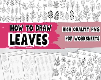 May include: Black and white line drawings of various leaves, with the text "HOW TO DRAW LEAVES" in bold black letters on a pink background. Below the text are five printable worksheets with grid lines and leaf outlines.