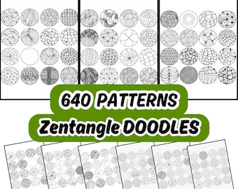 May include: Black and white printable Zentangle doodle patterns. 640 patterns in total. PDF and JPG worksheets.