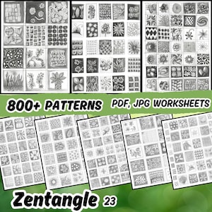 Può includere: Un set di quattro fogli di lavoro di modelli Zentangle stampabili in bianco e nero. Ogni foglio di lavoro presenta 36 modelli diversi, per un totale di 144 modelli. Il titolo "800+ PATTERNS" e "PDF, JPG WORKSHEETS" è in alto nell'immagine. Il titolo "Zentangle 23" è in basso nell'immagine.