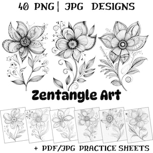 Large Flower Zentangle Patterns - Inspirational Designs for All Levels, Downloadable Worksheets with Unique Botanical Patterns