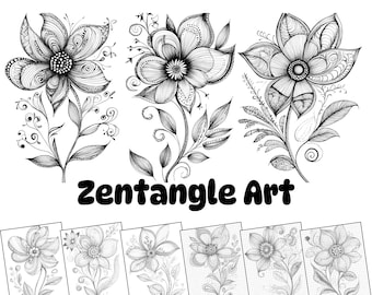 Flower Zentangle Patterns - Botanical Doodle Worksheets (Digital Download)