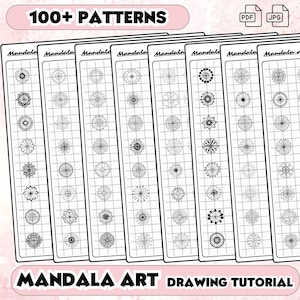 May include: A printable sheet with 100+ mandala patterns for drawing. The sheet is divided into 8 columns with 10 mandala designs in each column. The title "Mandala Art Drawing Tutorial" is at the bottom of the sheet.