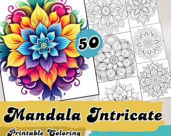 May include: A colorful mandala coloring book with 50 intricate designs and 4 colored pages. The cover features a vibrant mandala with a blue center and yellow, orange, red, and purple petals.