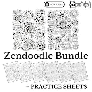 Puede incluir: Un paquete de Zendoodle en blanco y negro con intrincados diseños florales y geométricos. La imagen incluye una variedad de patrones y hojas de práctica, perfectos para colorear y proyectos creativos. El texto "Zendoodle Bundle" y "+ PRACTICE SHEETS" también son visibles.