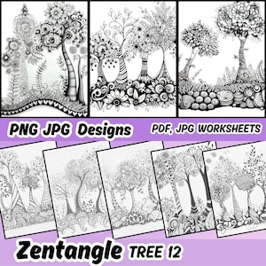 May include: Black and white Zentangle tree design with intricate details. The design is available as a printable PDF and JPG worksheet, as well as a PNG and JPG design file.