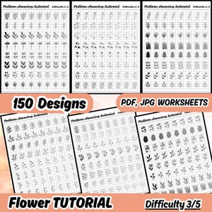 Op de afbeelding: Een set van 150 bloemmotief-teken-tutorials, waarbij elke pagina een raster met verschillende bloemontwerpen bevat. De titel "Flower TUTORIAL" en "Difficulty 3/5" staan onderaan de pagina. De tekst "150 Designs" en "PDF, JPG WORKSHEETS" staat bovenaan de pagina.
