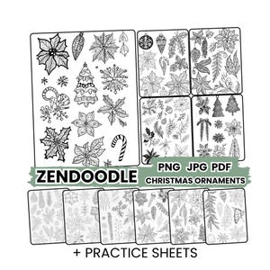 May include: Black and white Zendoodle Christmas ornament designs, including poinsettias, snowflakes, and Christmas trees. The image includes PNG, JPG, and PDF formats, plus practice sheets.