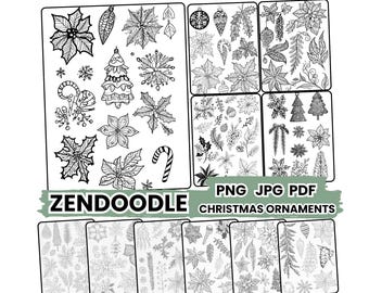 Könnte beinhalten: Schwarz-Weiß-Zendoodle-Weihnachtsschmuck-Designs, darunter Poinsettien, Schneeflocken und Weihnachtsbäume. Das Bild enthält PNG-, JPG- und PDF-Formate sowie Übungsblätter.