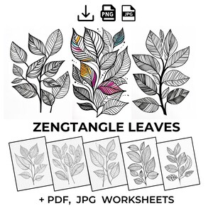 May include: Black and white Zentangle leaves illustrations with a colorful leaf design. The image includes PDF and JPG worksheets. The text "Zentangle Leaves" is displayed below the leaves.