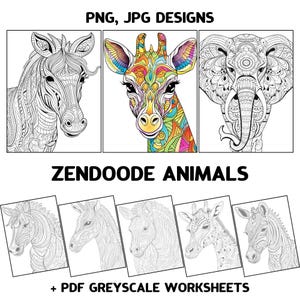 Könnte beinhalten: Eine Sammlung von Zendoodle-Tierdesigns, darunter ein Zebra, eine Giraffe und ein Elefant, mit komplizierten Mustern. Das Bild enthält den Text "PNG, JPG DESIGNS", "ZENDOODE ANIMALS" und "+ PDF GREYSCALE WORKSHEETS".