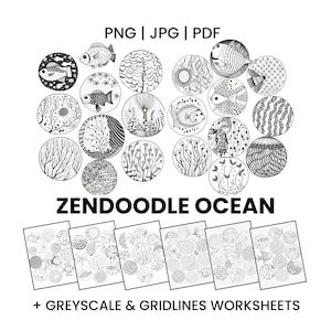 May include: Black and white Zendoodle Ocean coloring pages. The image features circular designs with fish, coral, and other ocean-themed patterns. Includes grayscale and gridlines worksheets. The text "PNG | JPG | PDF" is at the top.