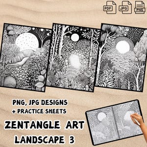 May include: Three black and white Zentangle art designs featuring landscapes with trees, flowers, and a moon. The designs are labeled "PNG, JPG Designs + Practice Sheets" and "Zentangle Art Landscape 3".