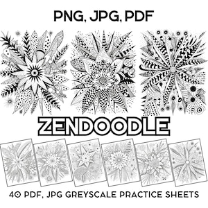 Botanical Zentangle Art Kit – Floral Zen Drawing Workbook | Greyscale Practice Sheets – Digital Zentangle Therapy Templates | Doodle Sheets