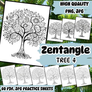 May include: A black and white Zentangle tree design with intricate details. The image includes the text "Zentangle Tree 4" and "40 PDF, JPG Practice Sheets".