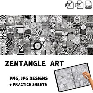Könnte beinhalten: Schwarz-weißes Zentangle-Kunstdesign mit verschiedenen geometrischen Mustern. Das Bild enthält PDF-, JPG- und PNG-Dateisymbole sowie den Text "Zentangle Art" und "PNG, JPG Designs + Practice Sheets."