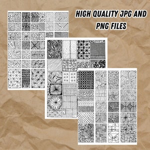 May include: Three sheets of paper with black and white geometric patterns. Each sheet has 36 different patterns. The text "HIGH QUALITY JPG AND PNG FILES" is at the top of the page.