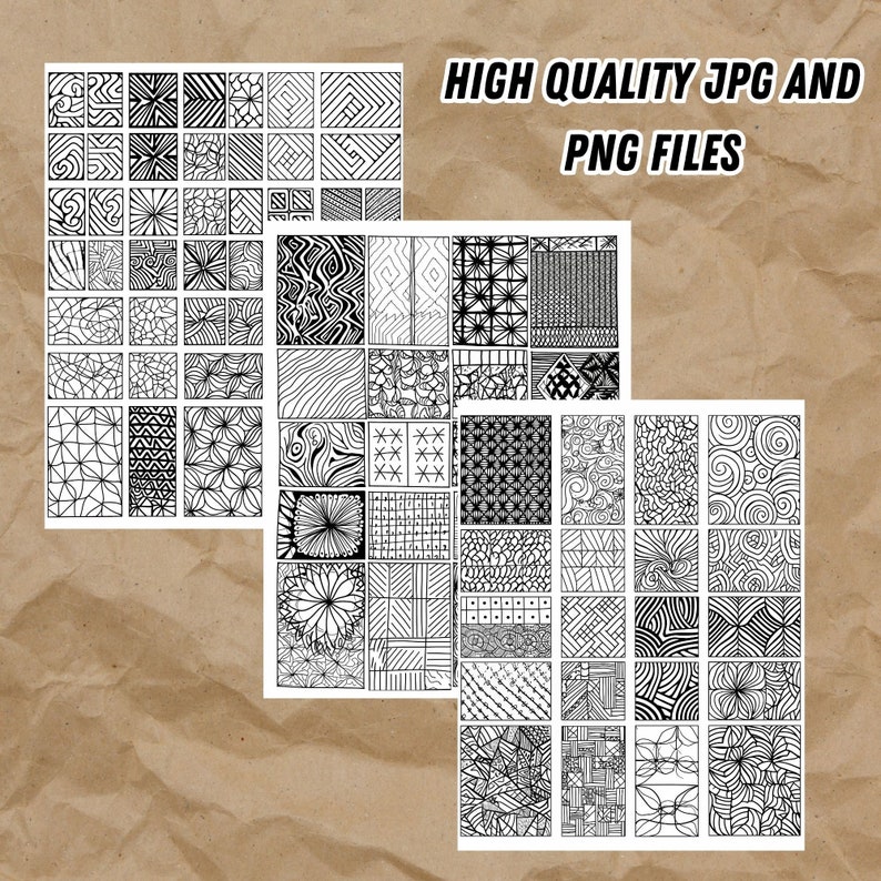 May include: Three sheets of paper with black and white geometric patterns. Each sheet has 36 different patterns. The text "HIGH QUALITY JPG AND PNG FILES" is at the top of the page.
