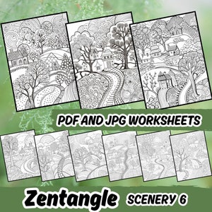 May include: Six black and white printable coloring pages featuring intricate Zentangle designs of a whimsical village landscape. The text "Zentangle Scenery 6" is at the bottom of the image.  PDF and JPG worksheets are included.