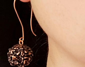 Large electroformed copper rudraksha seed earrings: botanical jewelry
