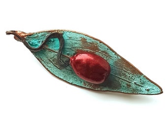 Electroformed Copper Dogwood Leaf Brooch, Turquoise Patina, Botanical Pin Pendant