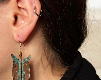 Electroformed Copper Earrings, Sorrel Leaf Botanical Jewelry, Patina Finish