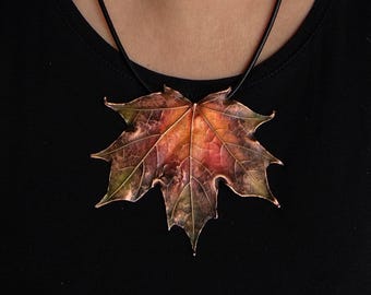 Electroformed Copper Maple Leaf Pendant, Rustic Patina, Leather Cord
