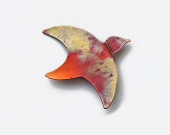 Bird in flight copper brooch, a unique, original piece of jewelry made by hand from fire-patinated copper, one of a kind