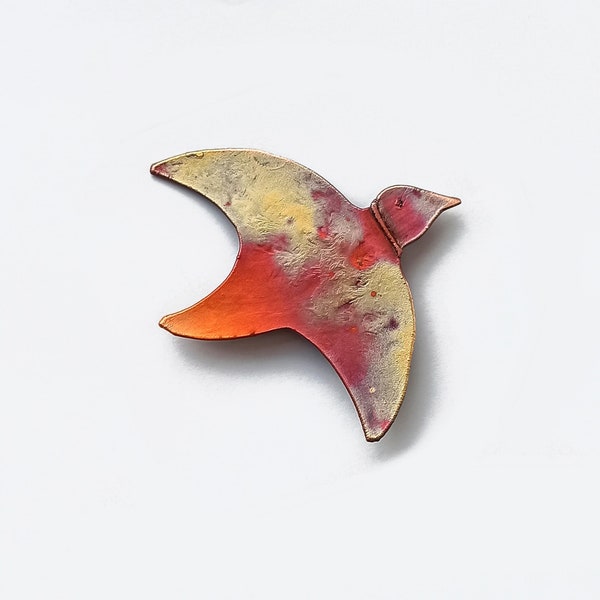 Bird in flight copper brooch, a unique, original piece of jewelry made by hand from fire-patinated copper, one of a kind