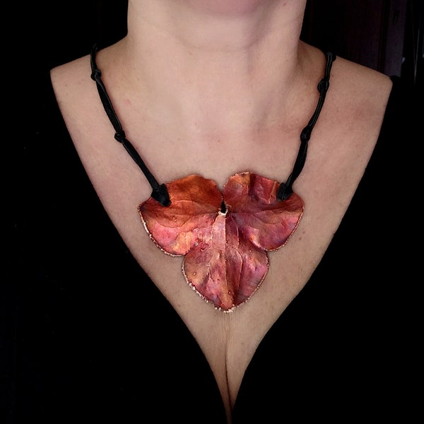 Copper pendant necklace large hepatica leaf fiery patina original designer jewelry inspired by nature botanical pattern One of a kind