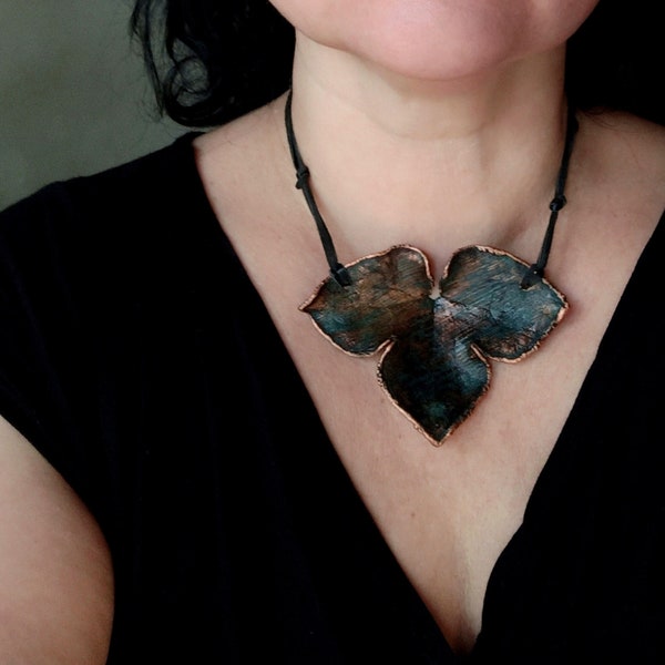 Copper pendant necklace large hepatica leaf natural patina original designer jewelry inspired by nature botanical pattern OOAK