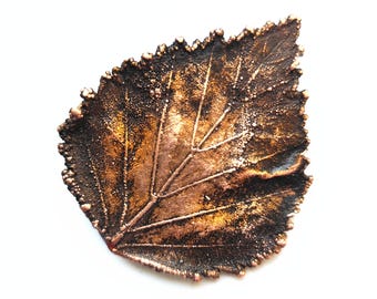 Copper Birch Leaf Brooch, Brown/Yellow Patina, Botanical Jewelry