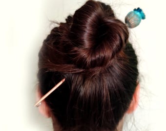 Realistic poppy head hair clip, handmade, electroformed copper, vintage style, gift for her