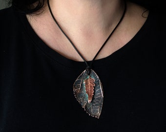 Copper pendant real leaves linden and fern, electroformed, botanical jewelry on a satin adjustable string, original botanical pattern OOAK