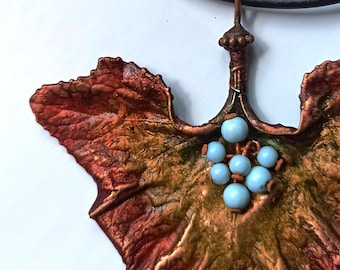 Electroformed Copper Leaf Pendant Necklace: Botanical Jewelry with Acrylic Beads