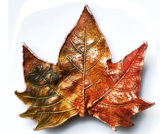 Electroformed Plane Tree Leaf Brooch, Realistic Botanical Copper Jewelry, Patinated