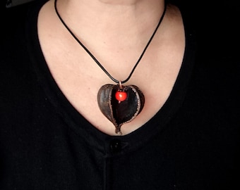 Electroformed Copper Physalis Pendant: Dark Patina Ceramic Bead Necklace