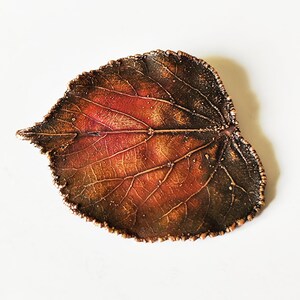 Könnte beinhalten: Ein dekoratives blattförmiges Objekt mit einem Farbverlauf aus tiefem Rot, Orange und Dunkelbraun. Die Oberfläche zeigt ein detailliertes Netzwerk aus erhabenen Adern und einen texturierten, metallisch wirkenden Rand, der ein trockenes Blatt imitiert.