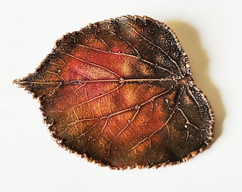 Copper linden leaf brooch, original realistic botanical jewelry, patinated, electroformed, gift for everyone
