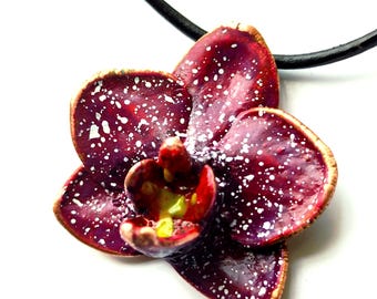 Electroformed Copper Orchid Pendant: Purple Patina, Botanical Jewelry