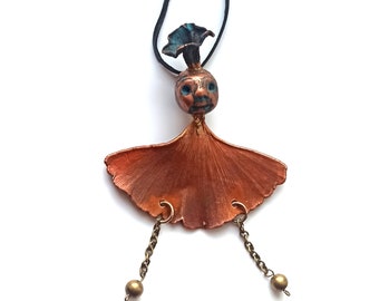 Handmade Copper Forest Creature Pendant Necklace: Ginkgo Leaf Botanical Jewelry