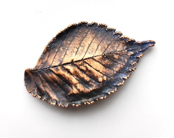 Handmade Copper Elm Leaf Brooch, Patina Botanical Jewelry