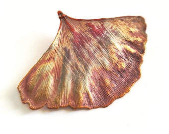 Electroformed Copper Ginkgo Leaf Brooch, Fire Patina Vintage Style