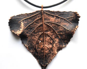 Electroformed Copper Poplar Leaf Pendant Necklace, Patina Botanical Jewelry