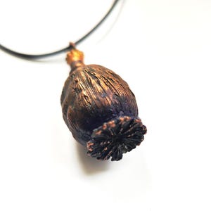 Copper poppy head pendant natural design real papaver copper jewelry patinated gift unisex vintage electroforming One of a kind