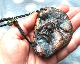 Patinated Copper Sleeping Man Face Pendant Necklace: Handmade Jewelry
