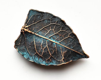Electroformed Copper Leaf Brooch: Patinated Knotweed Plant Jewelry