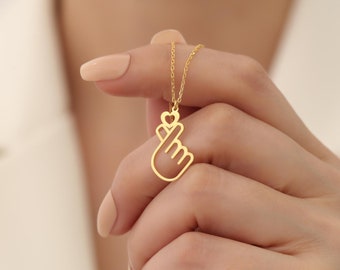 Sterling Silver Hand Heart Necklace – Korean Finger Heart Pendant – Kpop Inspired Minimalist Jewelry Gift