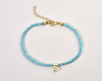 14k Gold Turquoise Initial Bracelet: December Birthstone Beaded Charm